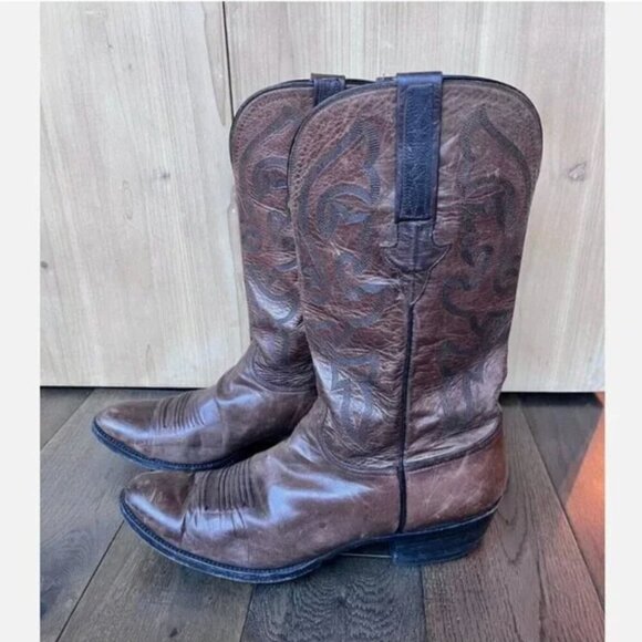 Lucchese Classic Men's Handmade Cowboy Boots Size 11 Brown Leather Flame Stitch - Picture 1 of 7
